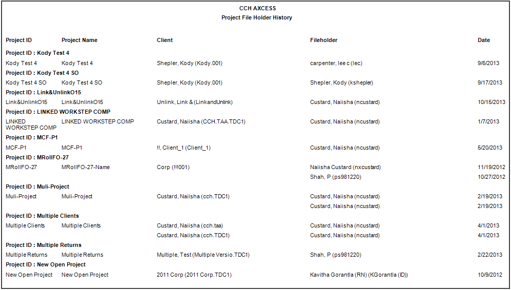 Project File Record Project File Holder History
